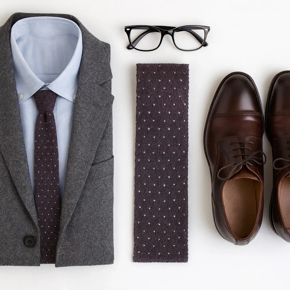 Rooster Roosternit Mens Wool Knit Tie Brown White Geometric Pattern‎ Birdseye